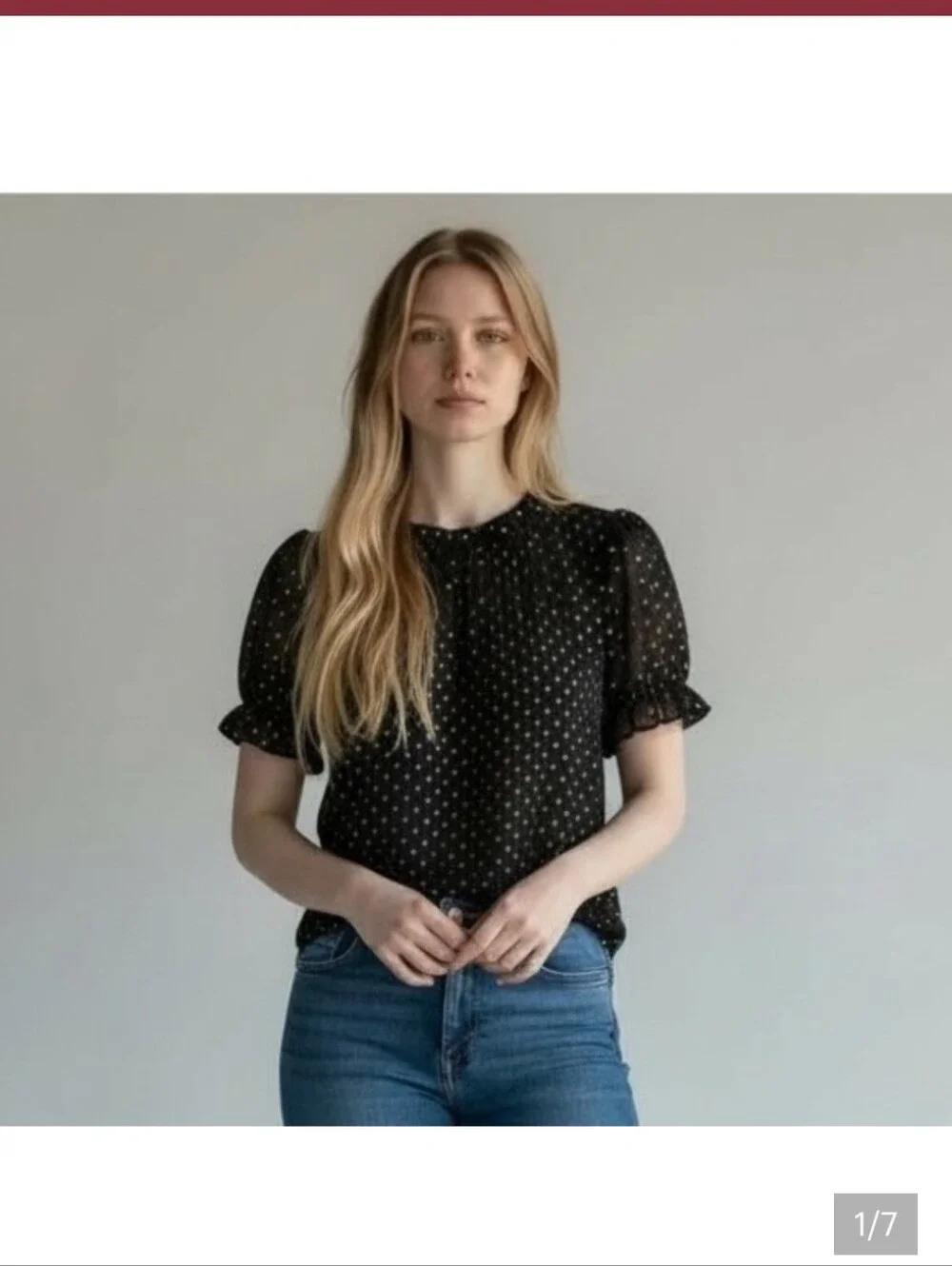 J.Crew Black Gold Metallic Clip Dot Smocked Neck Puff Sleeve Blouse Top Small#47
